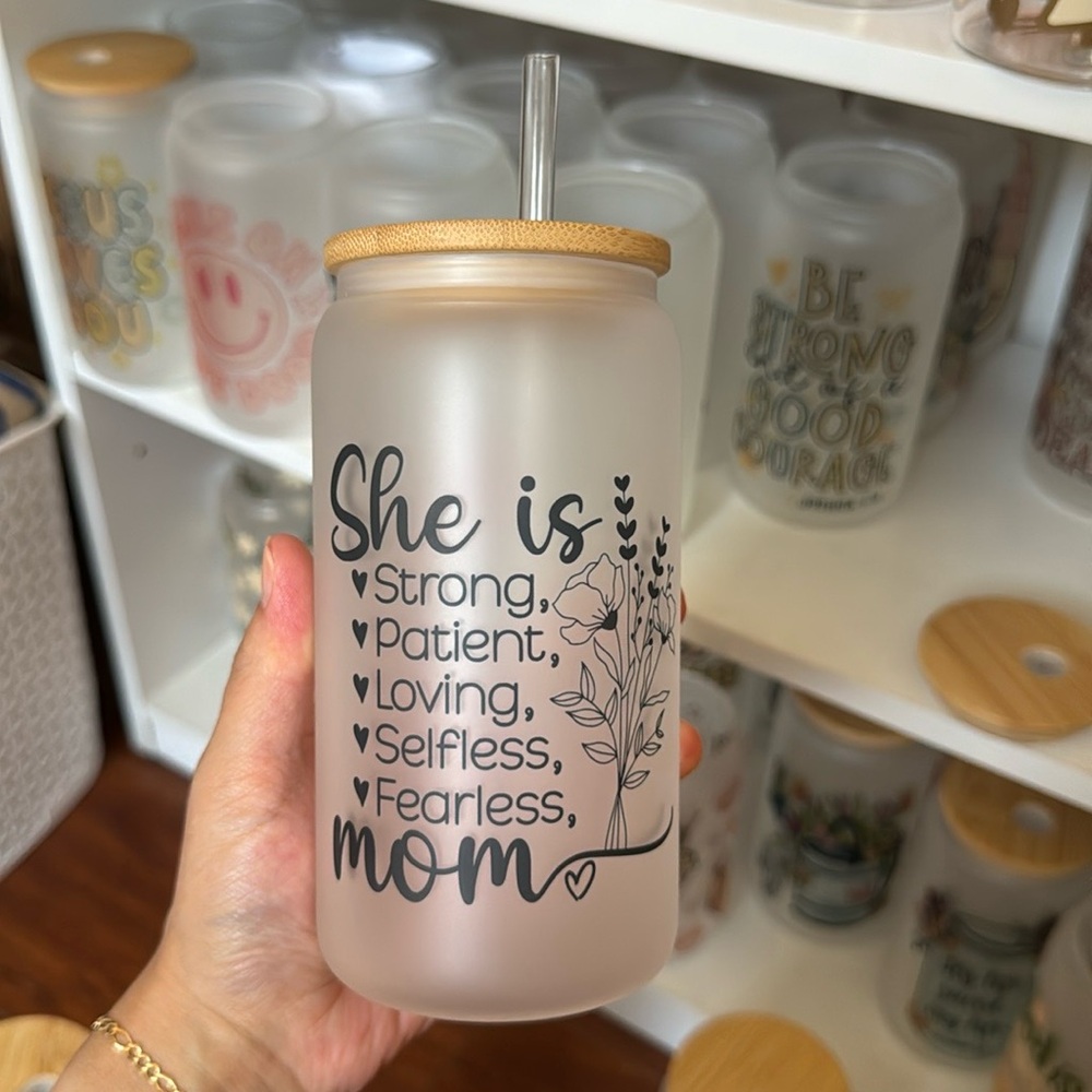 She Is Strong Mom Can Glass Cup